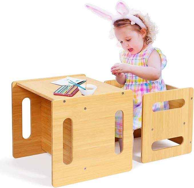 Kids Table and Chair Set, Montessori Weaning Table and Chair,Natural Bamboo Small Desk Chair,Toddler Activity Table and Chair Set for 1-3 Year Old Kids Dinner,Reading,Playing Toys, CPC Certified