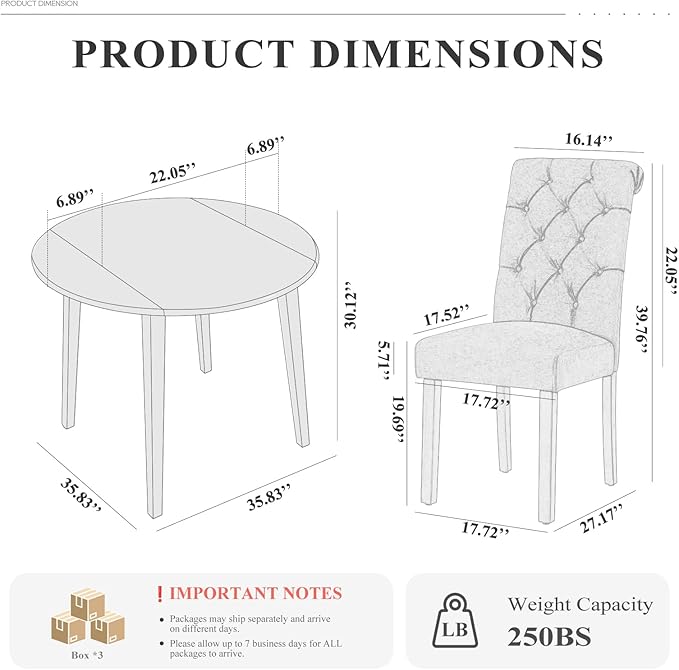 COLAMY 5-Piece Extendable Dining Table Set for 4, 36" Kitchen Round Wood Table with 4 Tufted Dining Room Chairs,Light Brown/Light Grey