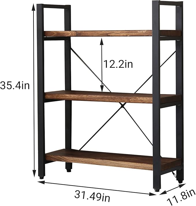 Natural Real Solid Wood Bookcase,3 Tier Metal and Wood Open Book Shelf Storage Farmhouse Wide Etagere Bookcase for Office Living Bedroom