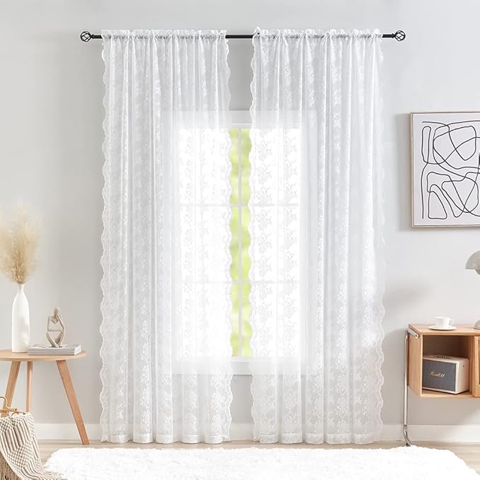 YJ YANJUN Vintage Lace Curtains White Sheer Curtains 96 inches Long 2 Panels by YJYANJUN
