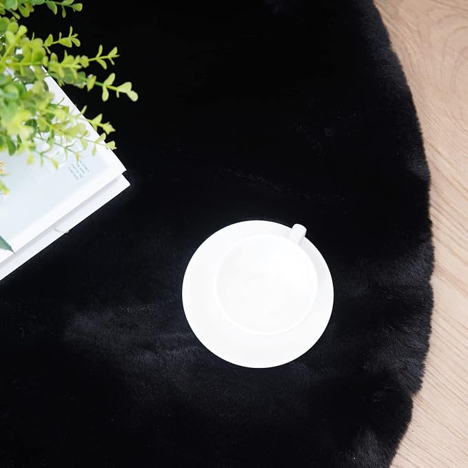 Ghouse Faux Rabbit Fur Round Rug 8ft Black Round Rugs - Image 5