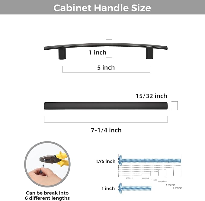 5 Pack Cabinet Handles 5" Hole Center - Curved Cabinet Pulls Black Drawer Pulls for Kitchen Cupboard Solid Hardware for Dresser Drawer Arch Hardware