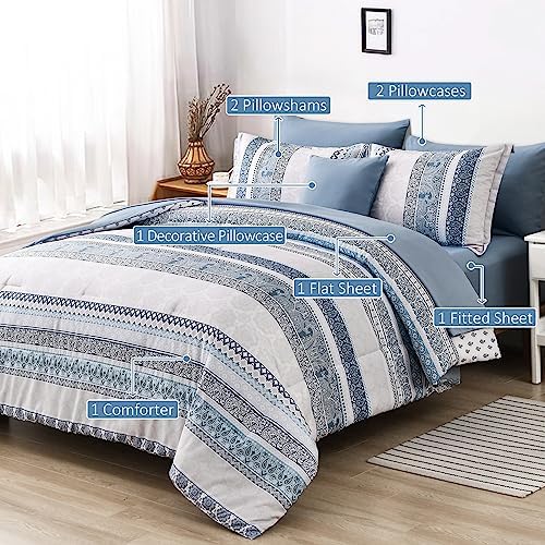 Cottolester Boho Comforter Set Queen Size Light Blue Comforter Set 8 Piece Bed - Image 2