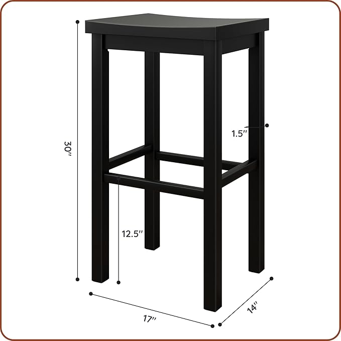Grain & Grove Smith Collection Set of 2 Solid Wood Bar Stools, 30 inch Saddle-Seat Bar Chairs, Backless, Heavy-Duty Construction, Footrest Support, for Kitchen Islands, Home Bars, and Counters, Black