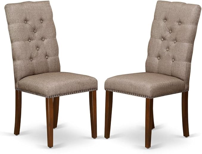 East West Furniture DLEL3-MAH-16 3 Piece Kitchen Table Set Contains a Round Dining Room Table with Dropleaf and 2 Dark Khaki Linen Fabric Upholstered Chairs, 42x42 Inch, Mahogany
