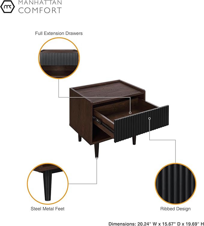 Manhattan Comfort Duane Modern Ribbed Nightstand Set of 2, Bedside Table with Full Extension Drawer and Open Shelf, Industrial Chic Living Room and Bedroom Furniture, Black