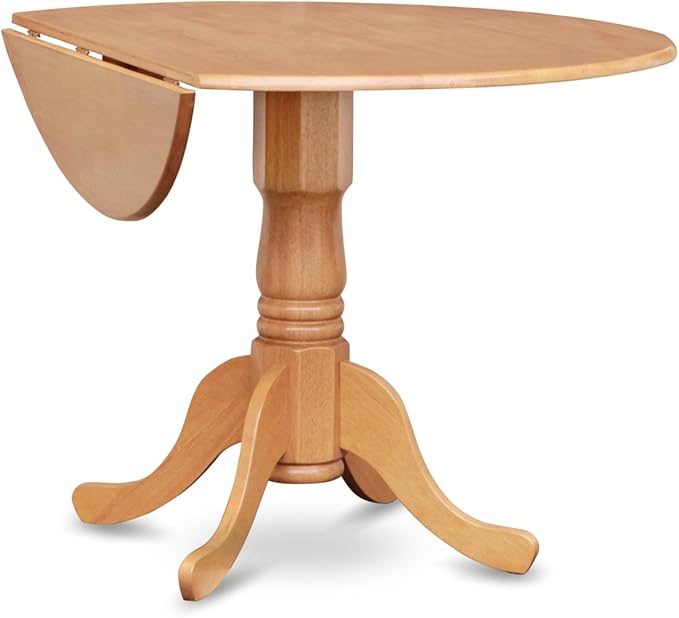 East West Furniture DLAB3-OAK-04 3 Piece Dining Room Furniture Set Contains a Round Dining Table with Dropleaf and 2 Light Tan Linen Fabric Parsons Chairs, 42x42 Inch, Oak