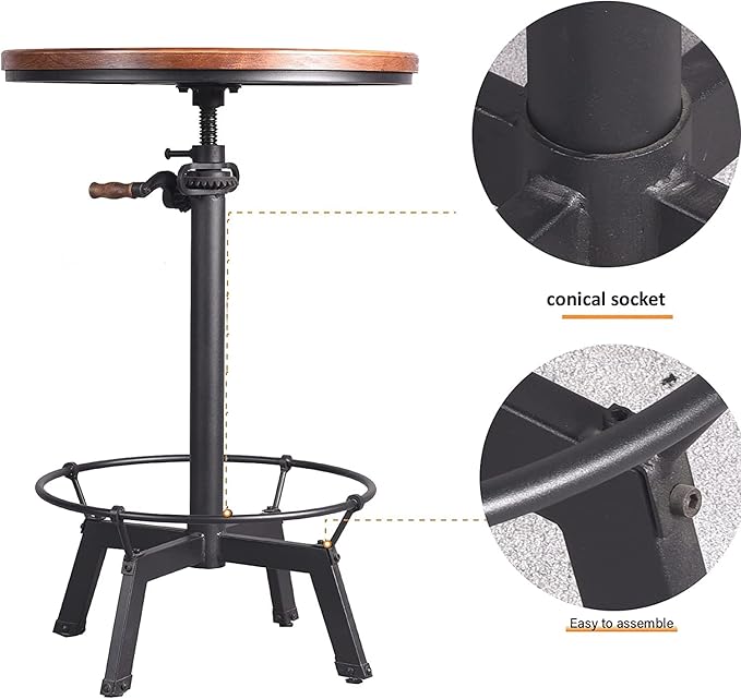 Diwhy Pub Set Industrial Style Adjustable Height 33.5-39.4in Dining Table Dia 23.6" Wooden Top with Handle Bar Table
