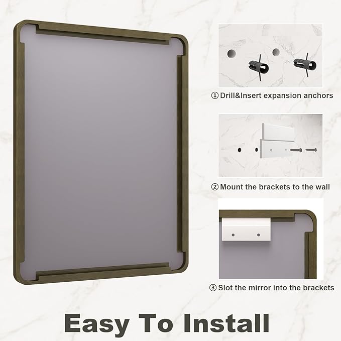40x30 Bronze Framed Bathroom Mirror, Brushed Bronze Metal Vanity Mirror, Bronze Rectangle Mirror for Wall, Rounded Corner, Tempered Glass, Anti-Rust, Shatterproof (Horizontal/Vertical)