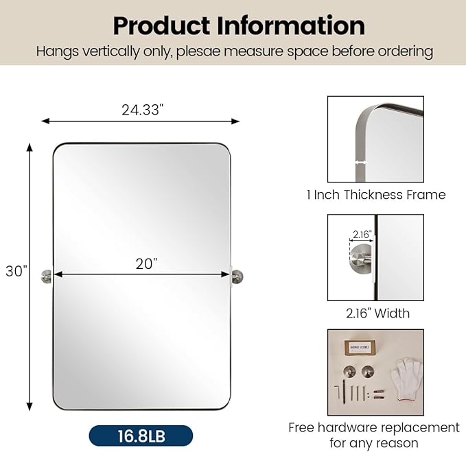 MOON MIRROR Brushed Nickel Pivot Mirror for Bathroom, Tilt Rounded Rectangle Bathroom Vanity, Overall 24.33 x 30 in (Mirror 20x 30 in)