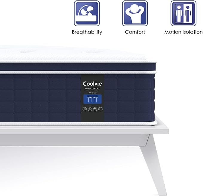 Coolvie 12 Inch Queen Mattress, Hybrid Queen Mattress in a Box, Pocket Springs with Soft Knitted Fabric Cover for a Cool Sleep & Pressure Relief, Medium Firm Feel with Motion Isolation
