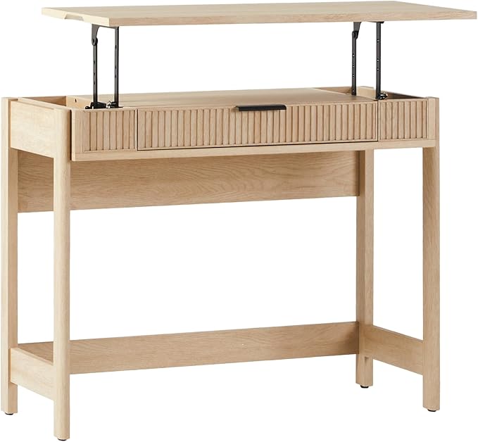 WALKER EDISON Transitional Style Furniture, Reeded Detail, Lift-Top Desk with Drawer and Storage Cubby, Sitting to Standing Desk, Soft Self-Close Desktop, 38”W x 16.75”D x 30”H, Coastal Oak
