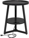 Round End Table with Charging Station, 19.7" Dia x 23.63" H, Side Table with Storage Shelf, for Living Room, Bedroom, Faux Marble Top, Black