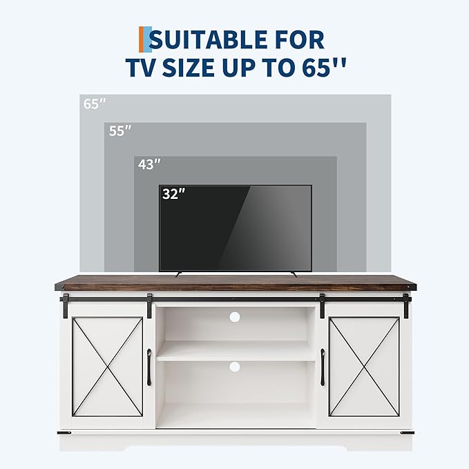 IDEALHOUSE Farmhouse TV Stand and Entertainment Center for Tv up to 65 inches with Sliding Barn Doors, Tv Media Console Table with Storage Cabinet for Living Room, White & Brown