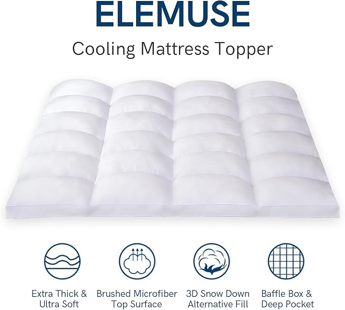 ELEMUSE Queen Mattress Topper for Back Pain, Extra Thick Mattress Pad Cover, Plush Soft Pillowtop with Elastic Deep Pocket, Overfilled Down Alternative Filling