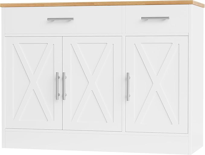Shintenchi Modern Farmhouse Sideboard Buffet Cabinet with Storage with 3 Doors,42" Barn Doors Buffet Cabinet with Storage, Wood Coffee Bar Cabinet with Adjustable Shelf for Kitchen Living Room,White