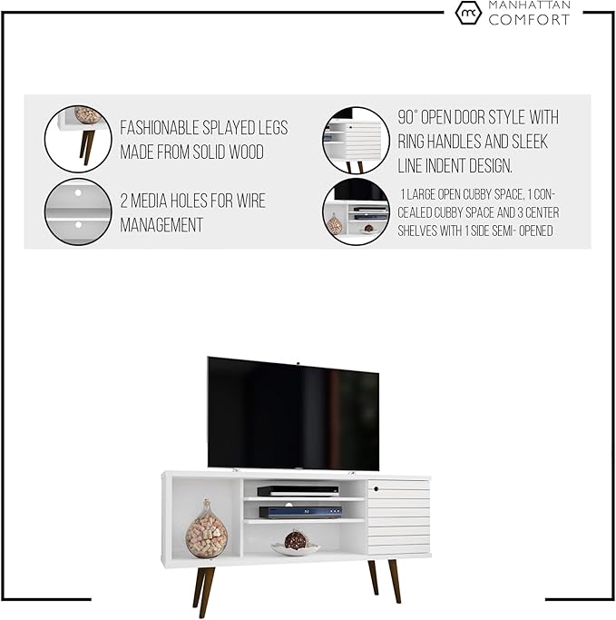 Manhattan Comfort Liberty Mid Century Modern TV Stand for Televisions up to 50 Inches, Bedroom and Living Room Entertainment Center with Storage, Shelves, and Cabinet, 53" Wide, White/Aqua