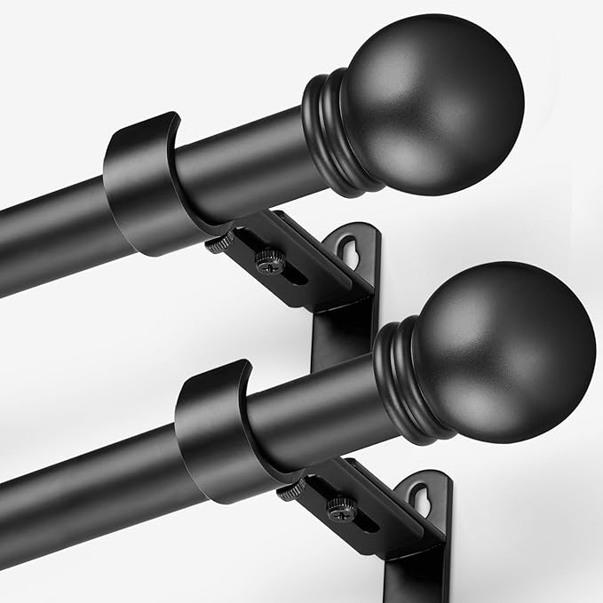 Curtain Rods for Windows 16 to 48 Inches, Curtain Rod Max Adjustable Length of 60 IN, 1" Diameter Drapery Rods Round Finials, Black, Pack of 2