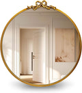 Vintage Gold Round Mirror Decorative Bathroom Vanity Mirrors 27.5inch Antique Metal Ornate Circle Wall Mirror, Baroque Bow Decor for Home Dressing Table,Bedroom,Living Room,Hallway