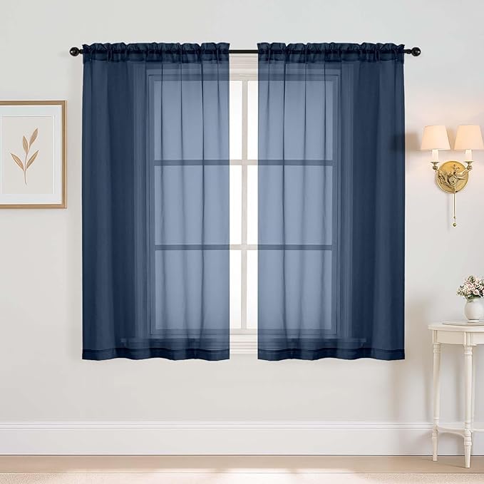 Navy Blue Window Sheer Curtains 54 inch Length, Soft Airy Light Filtering Sheer by Home
