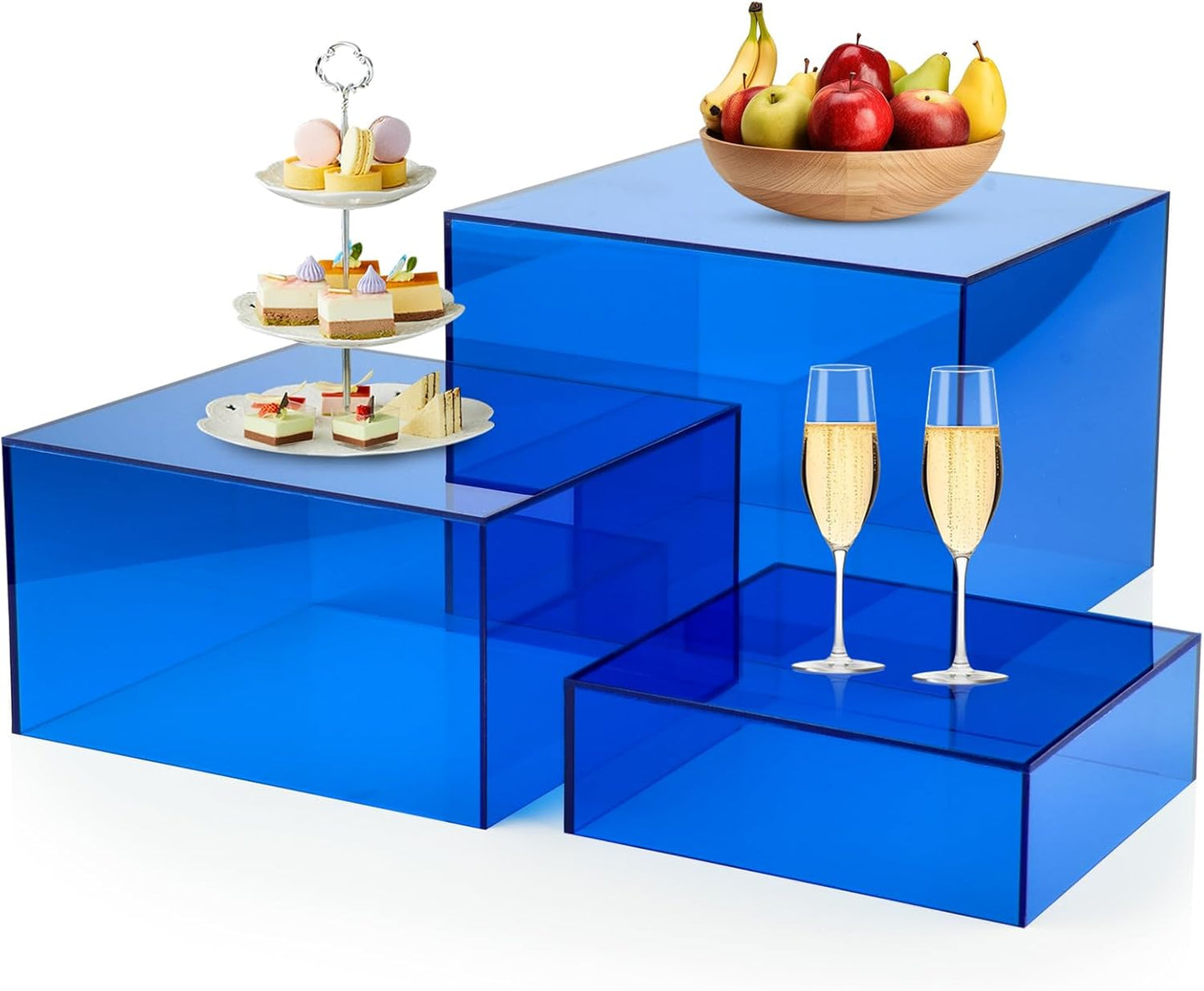 3Pcs Blue Buffet Risers Acrylic Boxes Display Food Risers for Buffet Table Platter Parties Weddings Catering Dessert Collectibles Figures Show ( 6''x7''x8'')