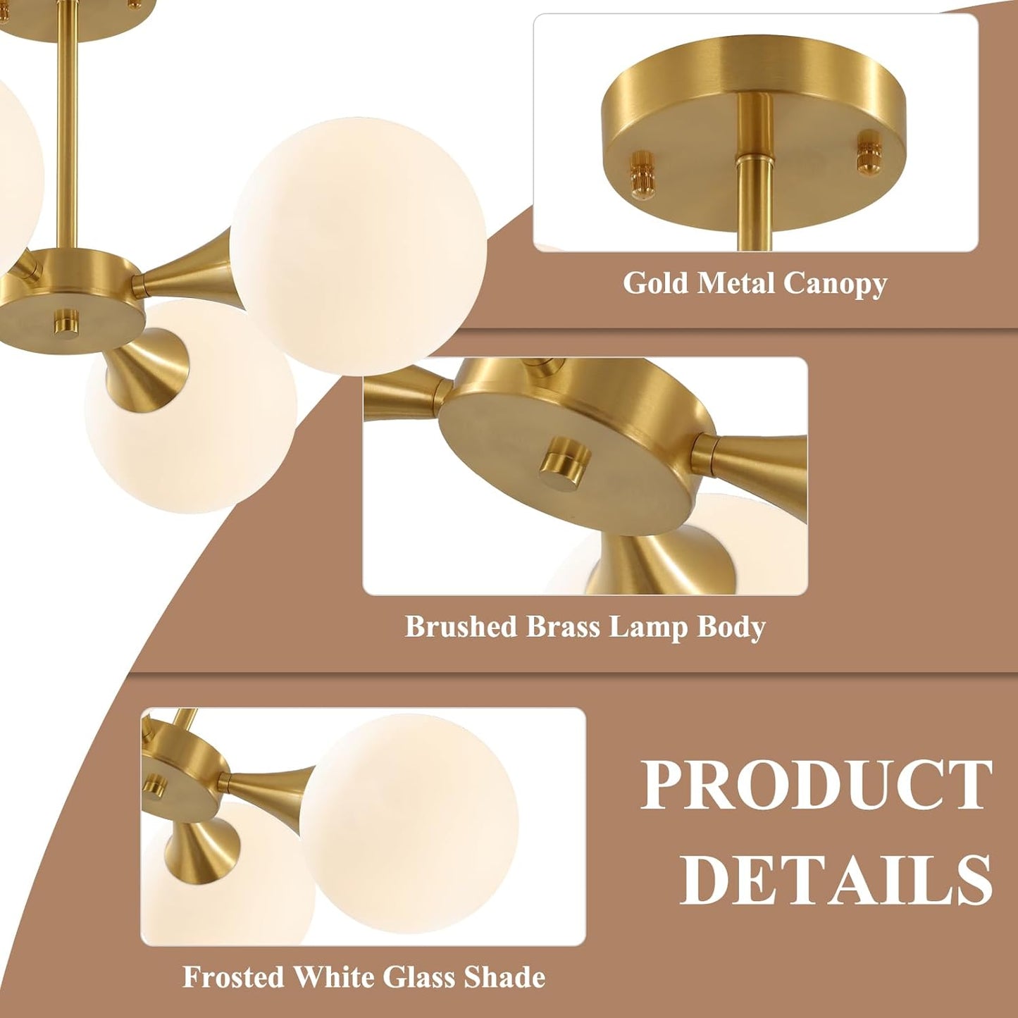 KCO Lighting Modern Globe Ceiling Light Gold Semi Flush Mount Sputnik Chandelier Mid Century Frosted Glass Ceiling Lamp for Living Room Dining Room Bedroom (4-Light)