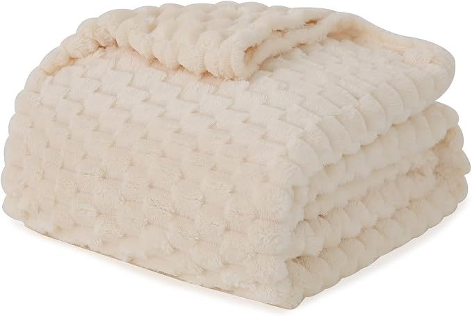 Cream White Throw Blanket 50"×60" inches Fuzzy 3D Jacquard Decorative Flannel - Image 8