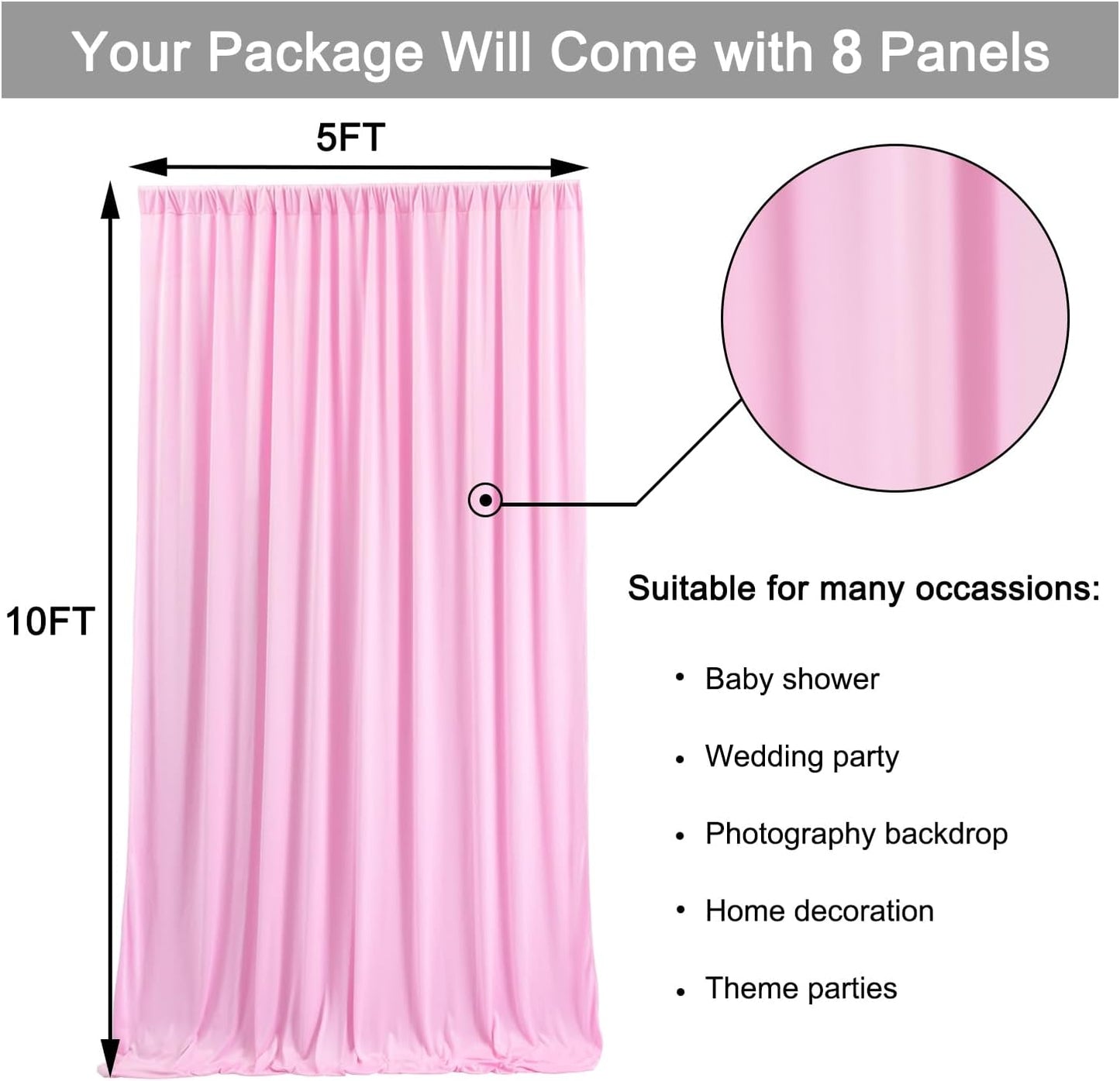 40 ft x 10 ft Wrinkle Free Baby Pink Backdrop Curtain for Parties, 8 Panels 5ftx10ft Polyester Photo Backdrop Drapes for Baby Shower Birthday Party Photography Wedding Backdrop Stand