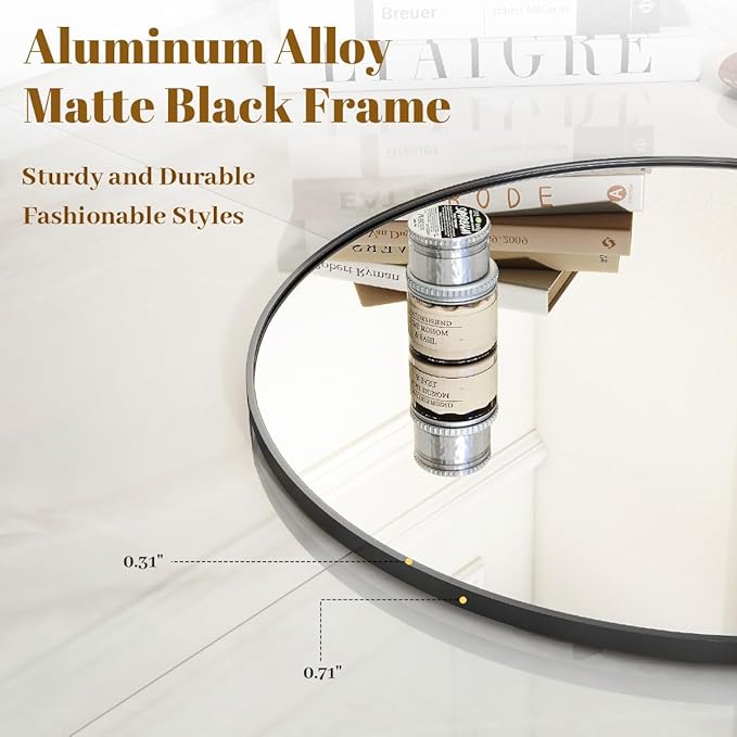 Black Round Bathroom Mirror, 20 inch Circle Wall Mounted Hanging Mirror with Simple Modern Circular Metal Frame for Hallway, Entryway, Living Room, Black Frame