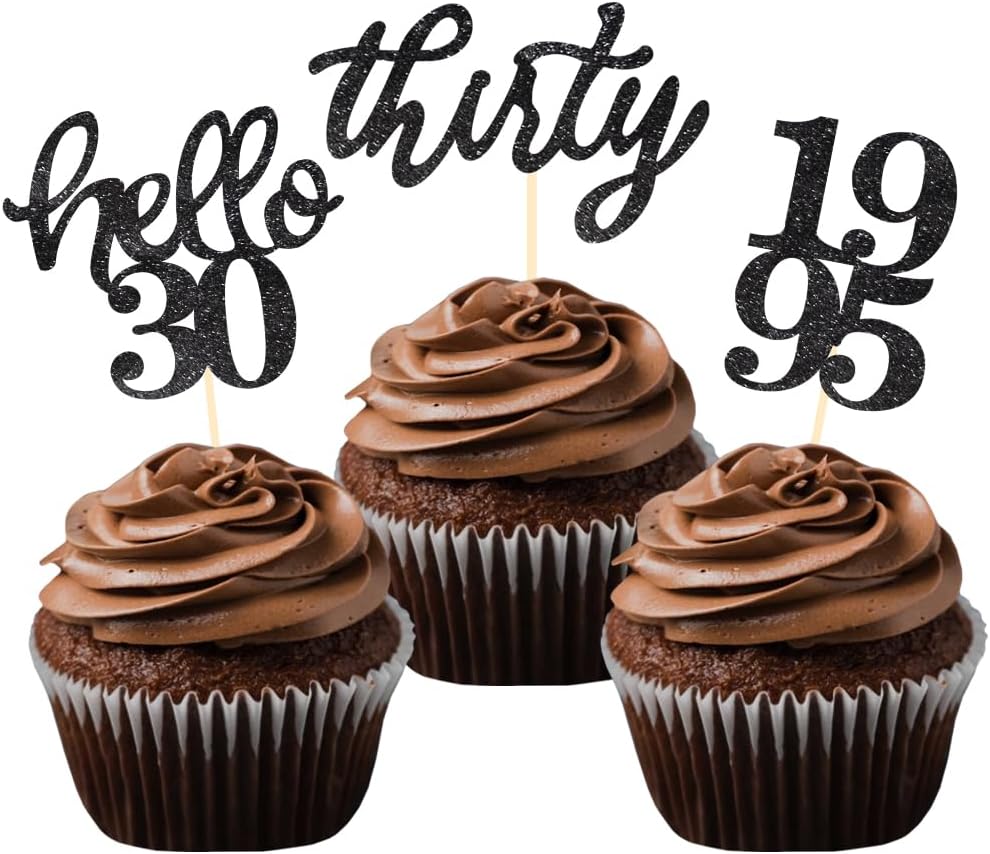 24 Pcs Black Glitter 30th Birthday Cupcake Toppers for 30th Anniversary Birthday Party Wedding Party Decorations