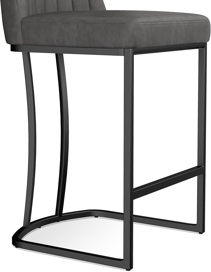 Bar Stools Set of 2, Faux Leather Counter Height Barstools, Upholstered Kitchen Counter Stools with Back and Stitching, 25.6" H Kitchen Island Stools Bar Chair, Metal Framed, Black Grey