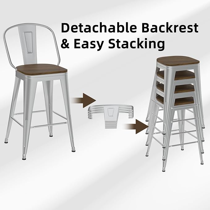26” Swivel Bar Stools Set of 4, Counter Height Bar Stools Wooden Seat, Metal Industrial Bar Chairs with High Back for Kitchen Island (Silver)