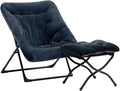HollyHOME X-Large Saucer Chair with Foldable Ottoman, Comfy Oversized Folding Chair and Folding Footrest Stool Set, Faux-Fur Reading Chair and Footstool for Living Room, Navy Blue Chair&Stool