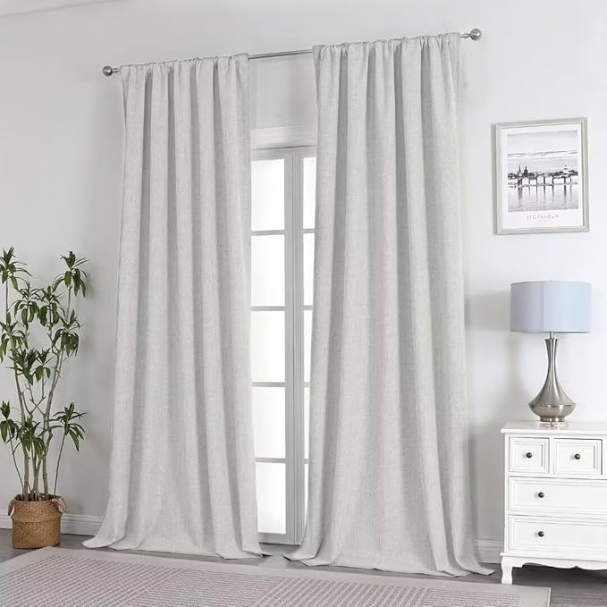 Joydeco Natural Linen Curtains 90 inch Length 2 Panels Set Burg 100% Blackout Patio Door Curtain Room Darkening Sliding Door Curtains Thermal Insulated Back tab Rod Pocket(105x90 inch, Light Beige)