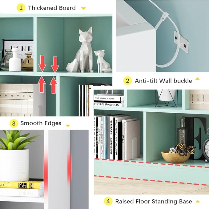 IOTXY Open Shelf Low Bookcase - Wooden 3-Tier Floor Standing Display Cabinet Organizer with Base, 8 Cubes Short Horizontal Bookshelf in Warm White