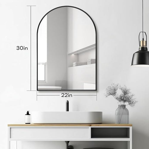 22" x 30" Black Arched Mirror, Arch Wall Mirror, Metal Frame Black Bathroom Mirror, Arched Top Bathroom Vanity Mirror for Living Room, Bedroom, Entryway, Tempered Glass, Shatter Proof