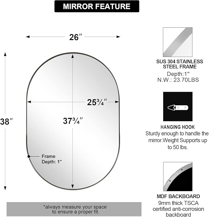 ANDY STAR Chrome Bathroom Mirror, 26x38’’ Oval Mirrors for Bathroom, Pill Shaped Mirror Chrome Metal Framed, SUS304 Anti-Rust, 1’’ Deep Wall-Mounted Vertically/Horizontally
