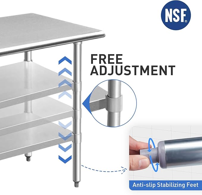 ROCKPOINT Stainless Steel Table for Prep & Work 24x30 Inches, NSF Metal Commercial Kitchen Heavy Duty Table with Adjustable Under Shelf and Table Foot for Restaurant, Home and Hotel