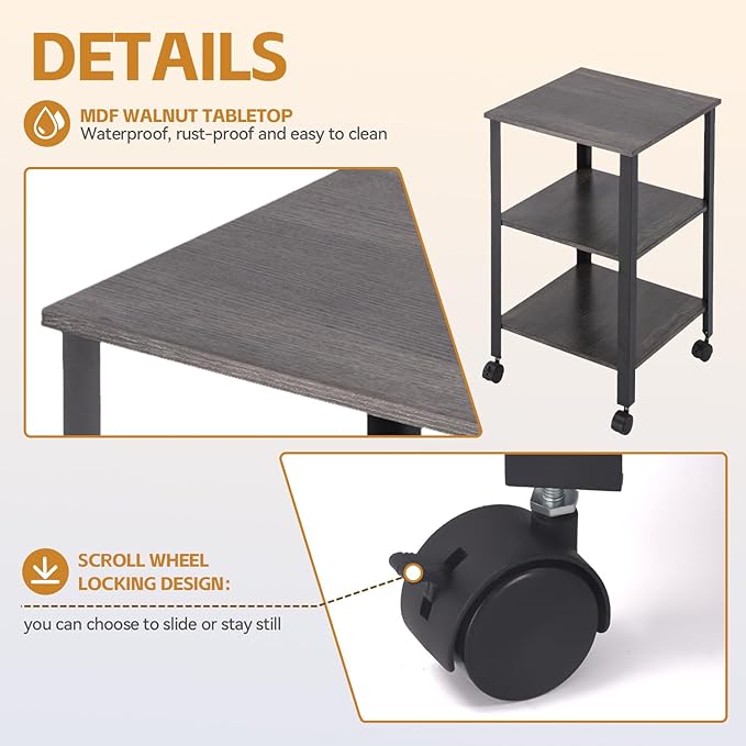 Side Table, End Table with Wheels, Printer Stand with 3-Tier Storage, Bedside Table, Bedroom, Office, Kitchen, Metal Frame, Easy Assembly -Grey