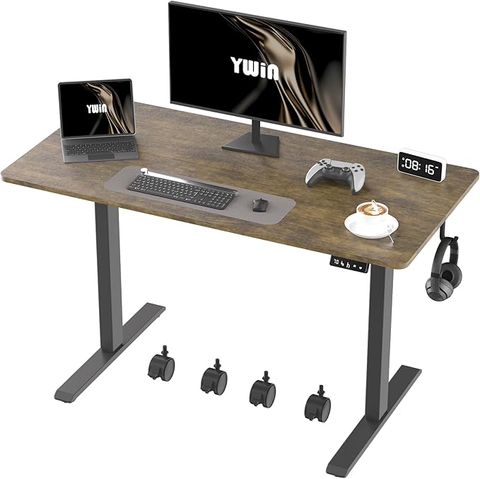 Ywin Electric Height Adjustable Standing Desk, 48 x 24 inches Sit Stand Desk with Wheels, Ergonomic Stand Up Desk for Home Office