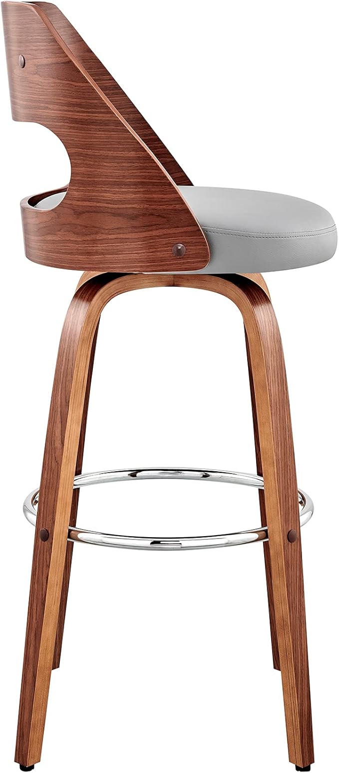 Armen Living Julius Mid Century Modern Swivel Bar Stool for Kitchen Island Counter in Gray Faux Leather and Walnut Wood, 26" Seat Height