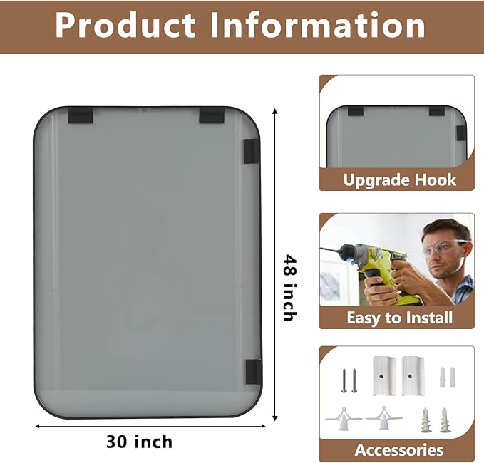 Matte Black Mirror, 48"x30" Rectangle Bathroom Mirror, Metal Frame Rectangle Corner Vanity Mirror, Wall Mounted Mirror for Modern, Living Room, Bedroom, Horizontal Or Vertical