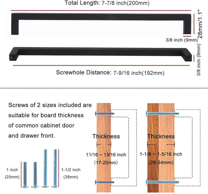 KOOFIZO Solid Square Bar Cabinet Handle - Brushed Nickel Furniture Pull, 7.6 Inch/192mm Screwhole Distance, 1-Piece for Kitchen Cupboard Door, Bedroom Dresser Drawer, Bathroom Wardrobe Hardware