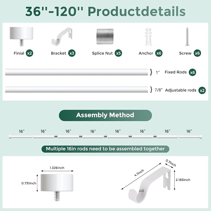 VOIIY White Curtain Rods for Windows 66 to 120 Inch, Size:36-120 Inch - Image 8