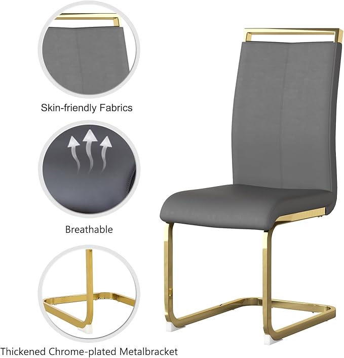 Modern Dining Chairs Set of 6,High Back Grey Kitchen Chairs,Faux Leather Side Chair with Gold Plated Metal Legs,Easy to Clean Upholstered Dining Chairs,Ideal for Living Room(Gold Leg)