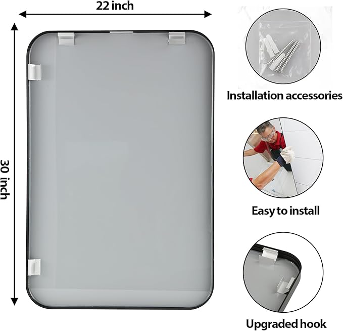 22x30 Inch Black Wall Mirror for Bathroom, Brushed Metal Framed Mirror with Rounded Corner, Rectangle Bathroom Vanity Mirror for Bedroom or Living Room, Horizontal/Vertical