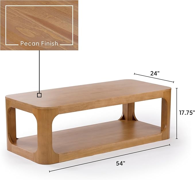 Plank+Beam Forma Coffee Table, 54 Inch Modern Coffee Table with Shelf, Contemporary Center Table with Storage Space, Rectangle Tea Table with Storage, Pecan