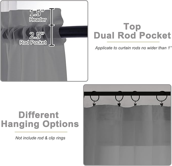 Grey Kitchen Curtains 30 Inch Length Tier 2 PCS, Solid Soft Half Curtains - Image 4