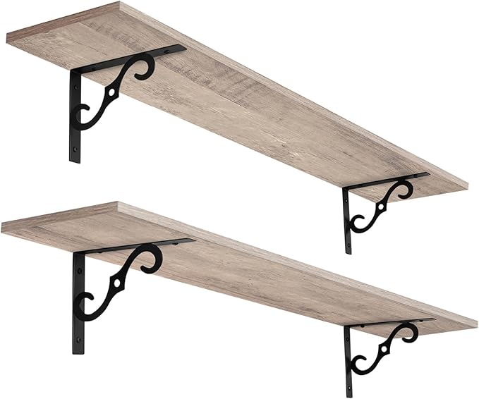 DINZI LVJ Long Wall Shelves, 39.4 Inch Large Floating Shelves Set of 2, Wide Display Shelf Wall Mounted with Brackets, Easy Hanging for Living Room, Toilet, Office, Bedroom, Greige