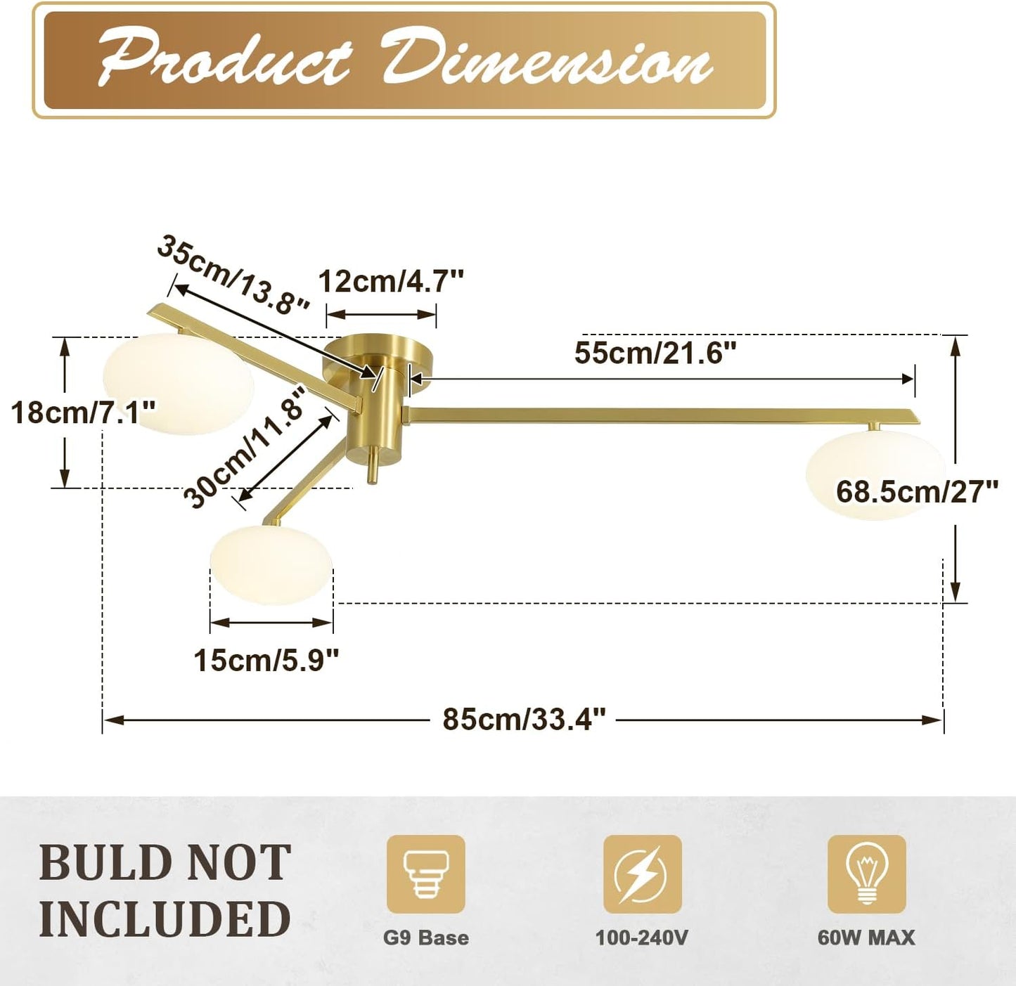 3-Light Gold Semi Flush Mount Ceiling Light,Modern Sputnik Chandelier,Mid Century Industrial Vintage Metal Chandelier for Bedroom Kitchen Dining Room MCL03-GD